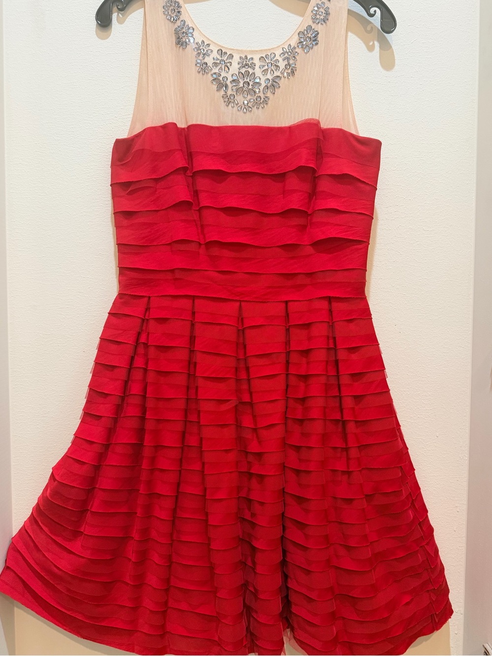 BCBGMaxAzria Red Ruffled Fit-and-Flare Dress with Illusion Jewel Yoke